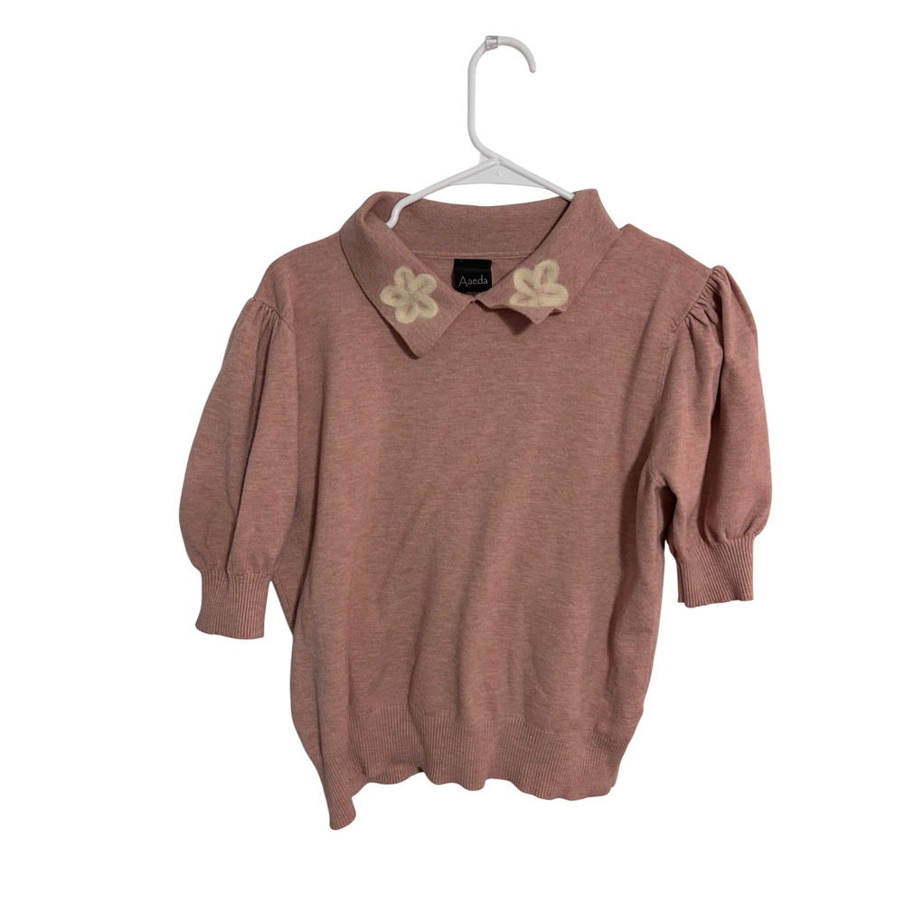 Aaeda Knit Top Collared Floral Applique Pink Puff Sleeve Size L